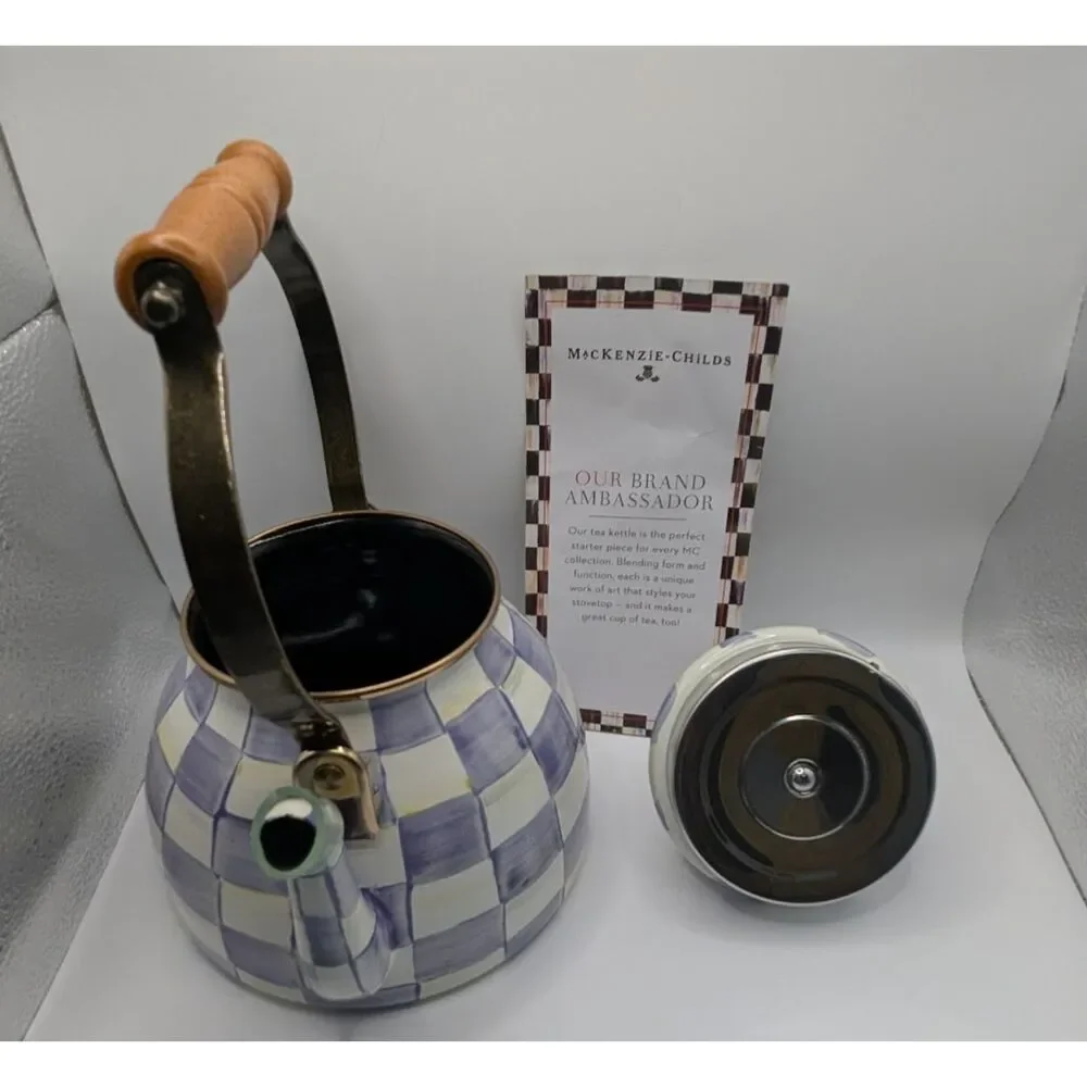 MacKenzie-Childs Violet Check 2 Qt Tea Kettle + 2 Mugs Purple Enamel New